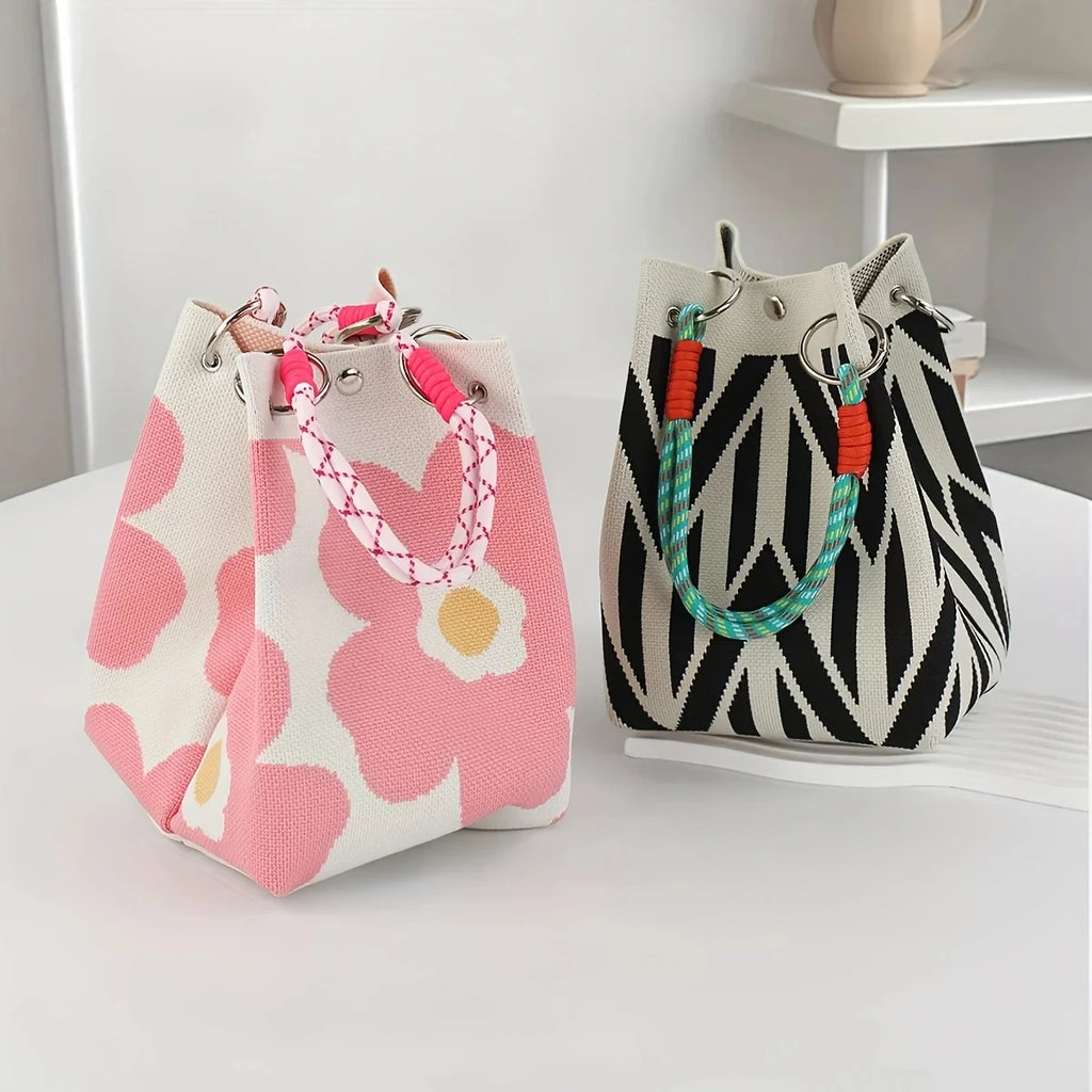 Women Vintage Floral Knit Tote Bag Adjustable Strap