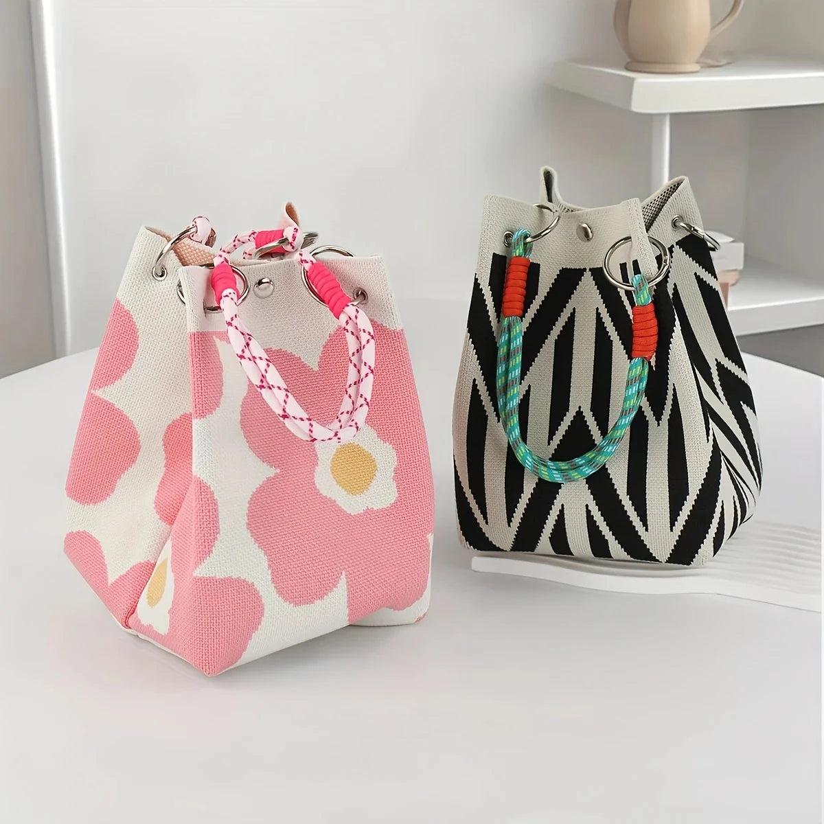 Women Vintage Floral Knit Tote Bag Adjustable Strap