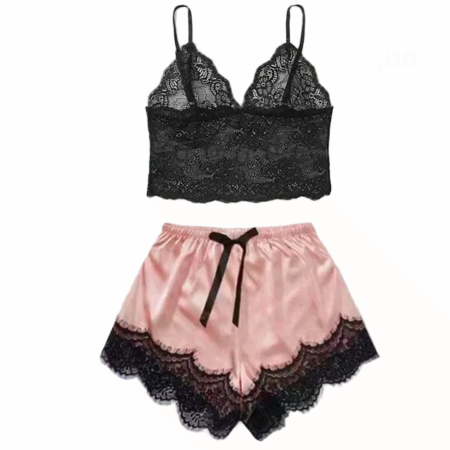 Women’s Pink Satin Pajama Set with Lace Robe Nightdress and Pants