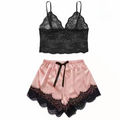 Women’s Pink Satin Pajama Set with Lace Robe Nightdress and Pants