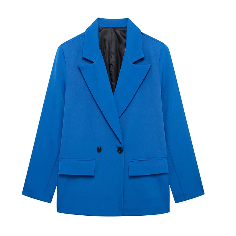 Women Double Breasted Blazer with Pockets Vintage Office Jacket