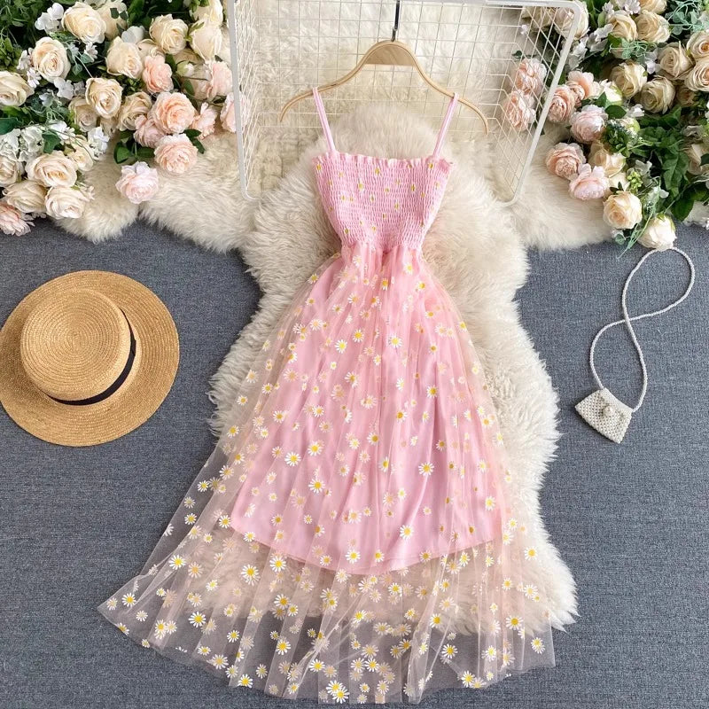 Women Floral Mesh Dress Spaghetti Strap Party Beach Vacation Dress 2026