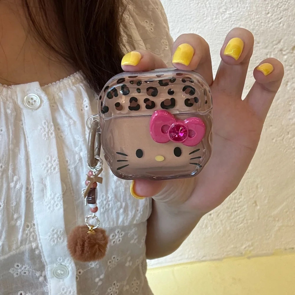 Leopard Print KT Cat AirPods Case 3D Bow Protective Cover with Keychain