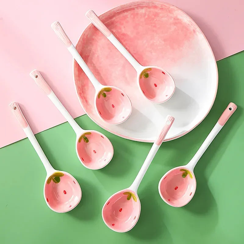 Kawaii Strawberry Ceramic Long Handle Spoon Kitchen Utensil