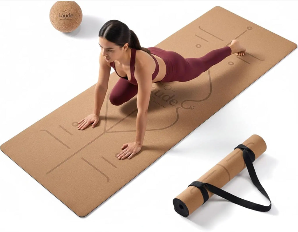 Cork Yoga Mat Non Slip Thick Cushion Alignment Lines Eco Friendly Fitness Mat