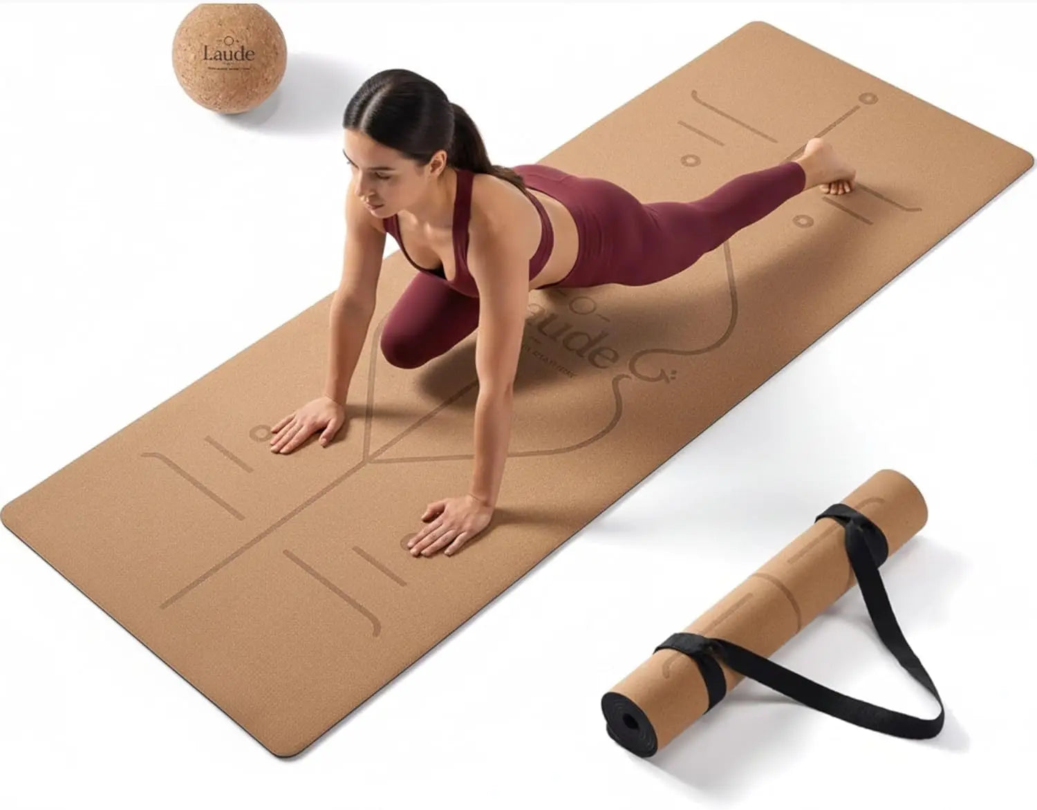 Cork Yoga Mat Non Slip Thick Cushion Alignment Lines Eco Friendly Fitness Mat
