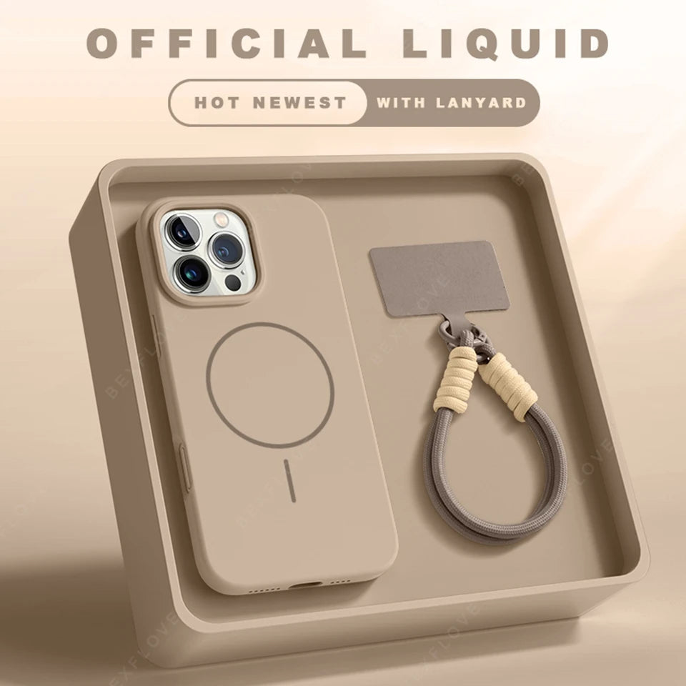 Magnetic Phone Case with Lanyard for iPhone 11–16 Pro Max Silicone MagSafe Strap Shockproof Protective Cover