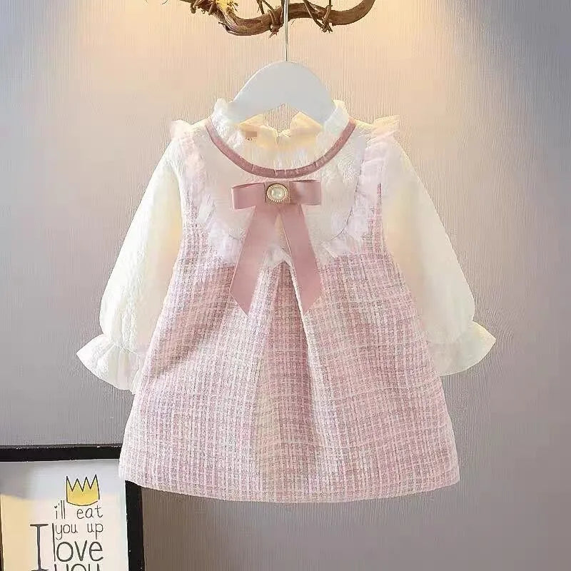 Girls Long Sleeve Bow Dress for Spring Casual Wear