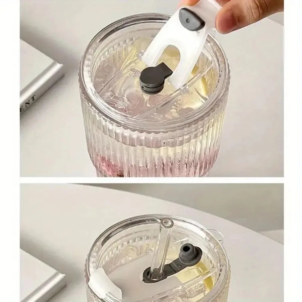 600ml Striped Glass Cup with Lid Straw Transparent Mug for Juice Water Iced Coffee