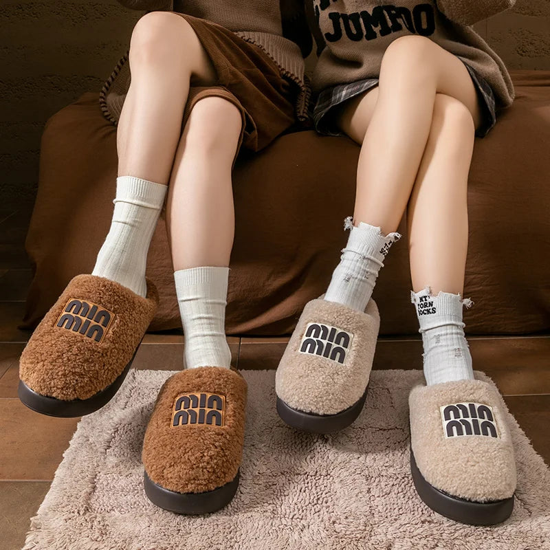 Women Plush Cotton Slippers Thick Sole Winter Indoor Warm Non Slip Home Shoes