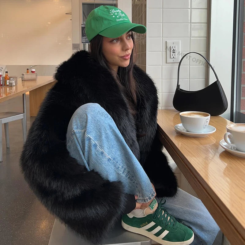 Women Faux Fur Short Coat Shawl Collar Winter Street Fashion Chic Overcoat