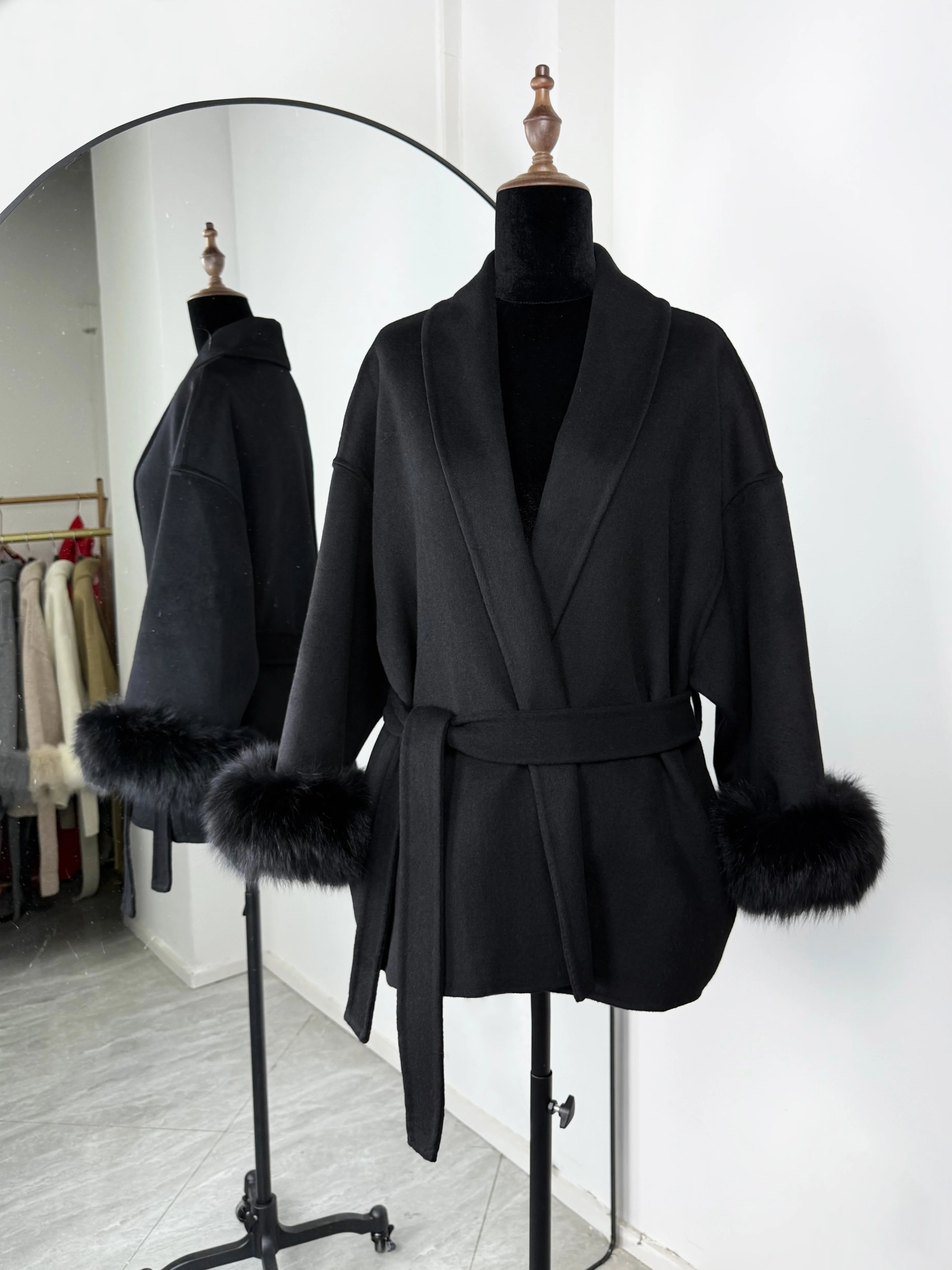 Women Wool Coat Faux Fur Collar Short Double Sided Elegant Jacket
