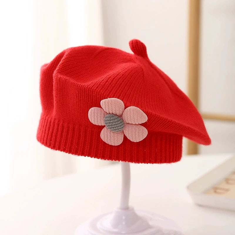 Baby Girl Flower Beret Warm Knit Beanie Hat