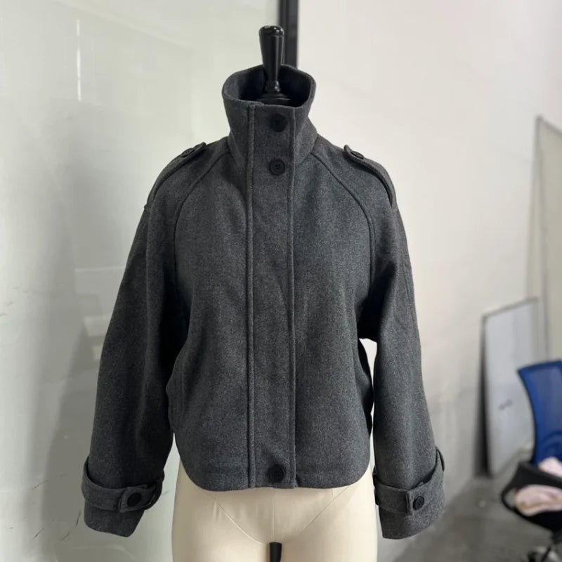 Women Stand Collar Wool Blend Jacket Loose Zip Up Coat
