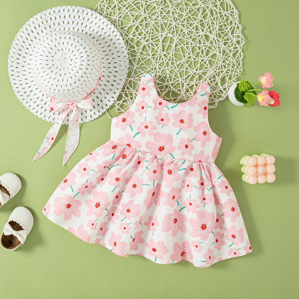 Baby Girl Floral Summer Dress Sleeveless Bow Outfit with Hat 0–2 Years