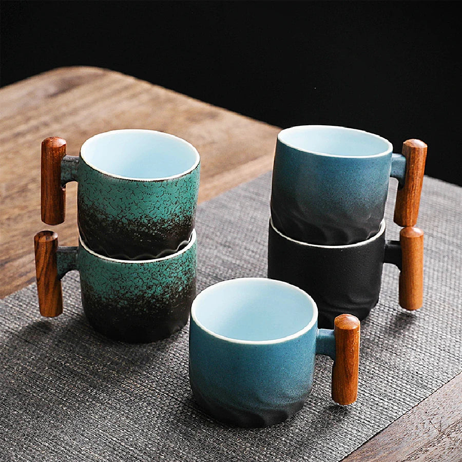 Vintage Coffee Cup Handmade Mug with Wooden Handle for Home Kitchen Bar