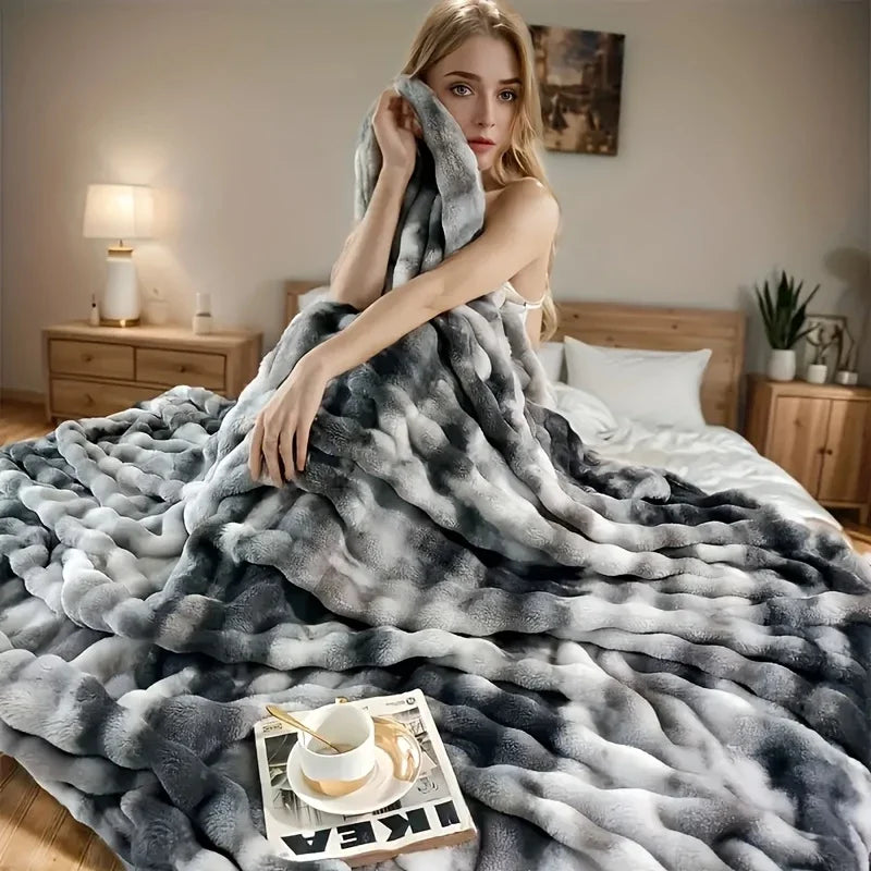 Faux Rabbit Fleece Blanket Soft Warm Throw Bedroom Living Room Dorm Cozy Blanket