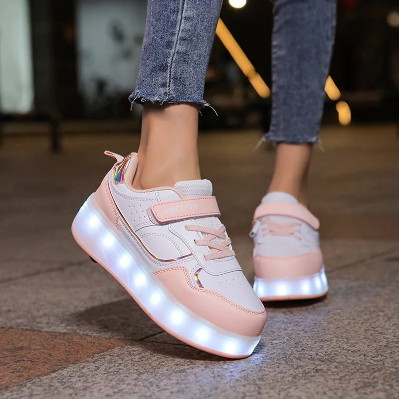 Kids LED Roller Skate Shoes Flashing 4 Wheel Light Up Sneakers
