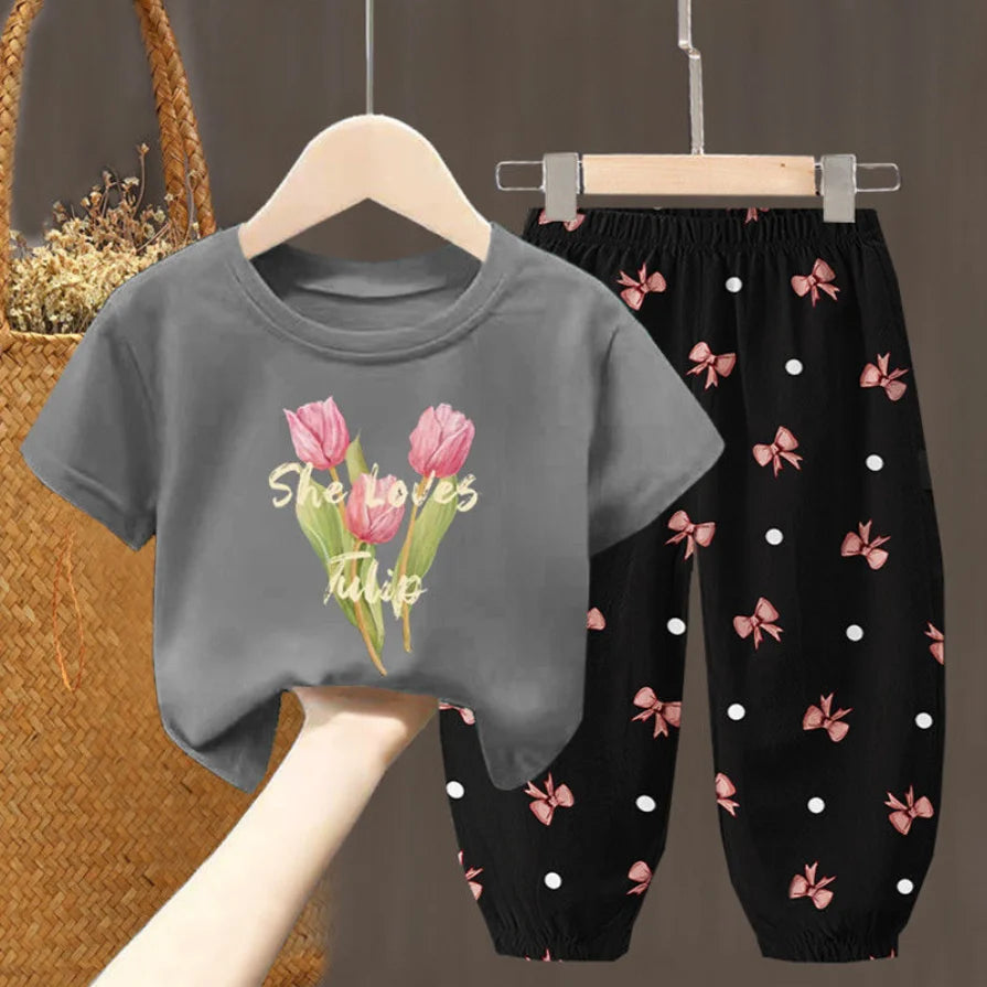 Toddler Girls Summer T-Shirt and Pants Set Cute Kids Two Piece Outfit