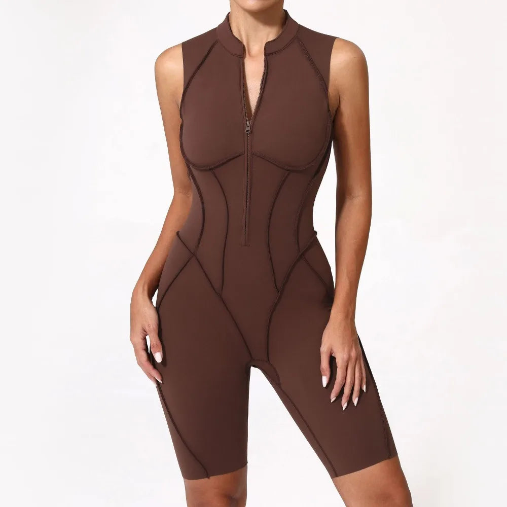 Women Zip Gym Jumpsuit Open Back Yoga Fitness Tracksuit Sports Bodysuit