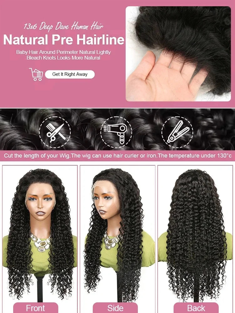 Deep Wave Human Hair Wig – HD Lace Front Glueless Wig Natural Hairline