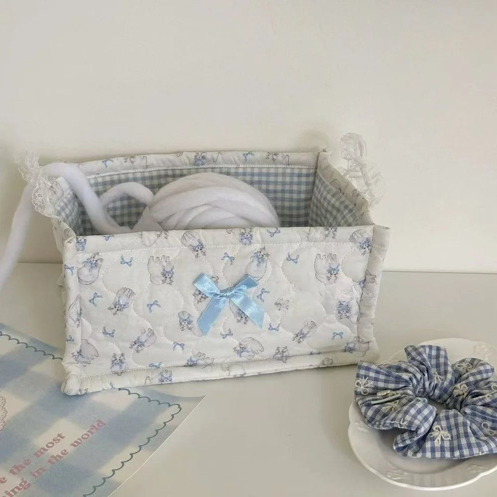 Lace Flower Quilted Square Storage Basket Desktop Organizer Home Decor Basket