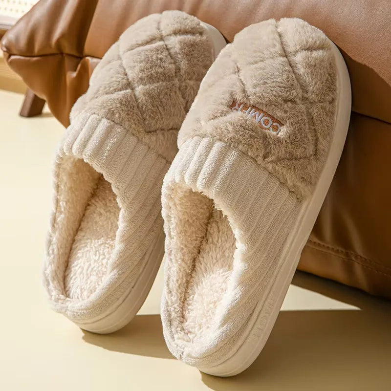 Quilted Plush Slippers Women Cozy Winter Soft Indoor Anti Slip House Shoes