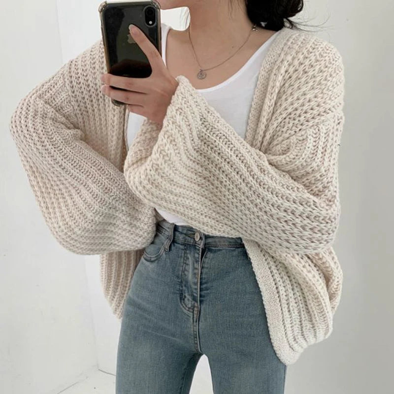 Women Lantern Sleeve Cardigan Y2K Knit Sweater
