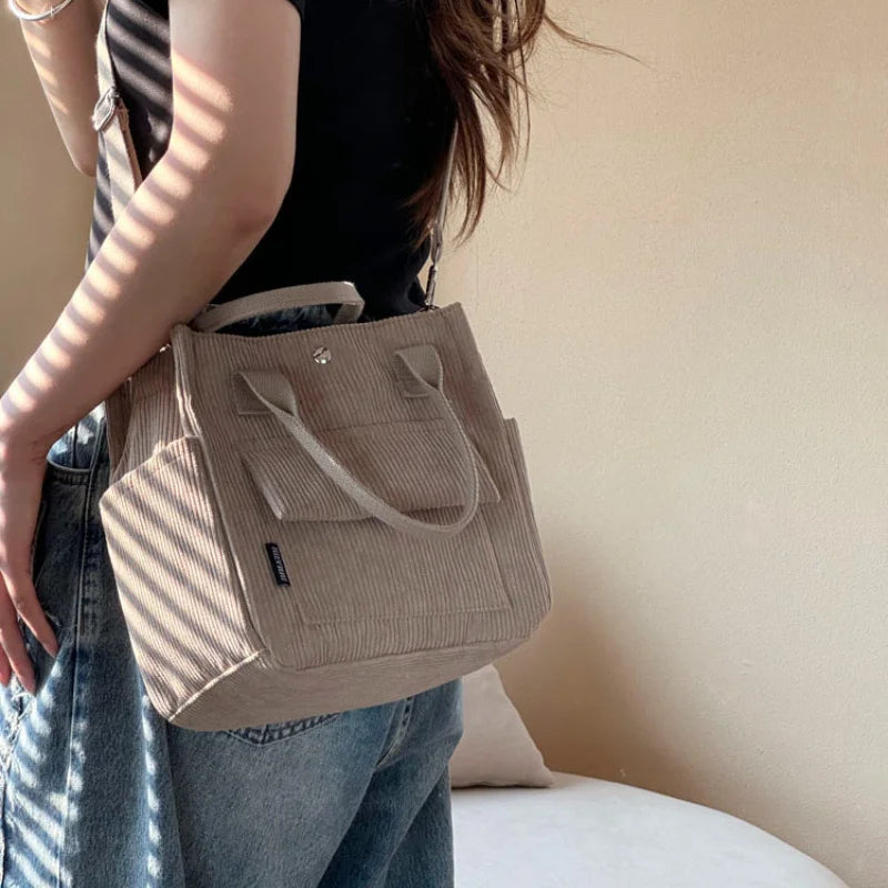 Corduroy Tote Bag Multi Pocket Crossbody Shoulder Satchel for Women