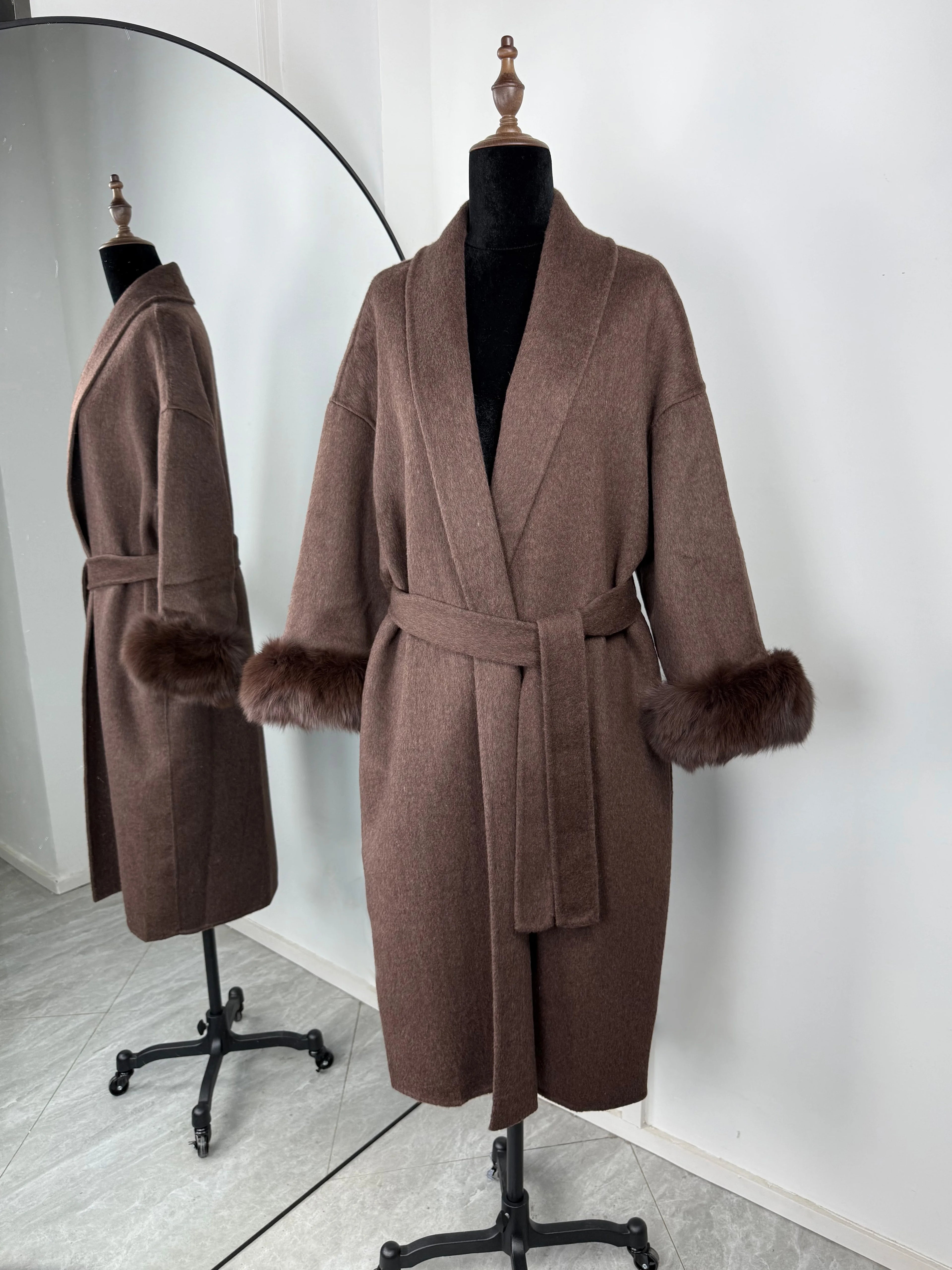 Women Wool Coat Faux Fur Collar Short Double Sided Elegant Jacket
