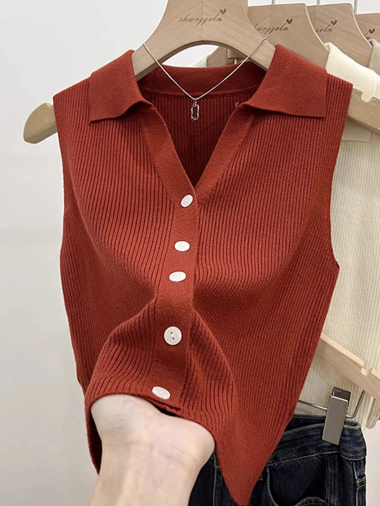 Women Sleeveless Knitted Cardigan Solid Color Vest Sweater