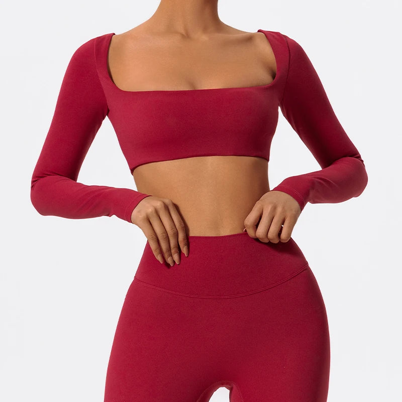Women Square Neck Long Sleeve Crop Top Quick Dry Yoga Fitness Shirt