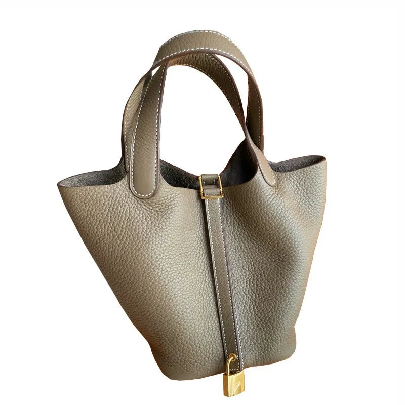 Women Bucket Handbag Soft PU Litchi Pattern Tote Bag with Lock and Scarf