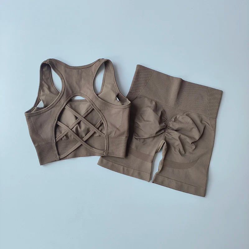 Seamless Yoga Set Women Bra Shorts High Waist Scrunch Butt Gym Outfit Fitness Set