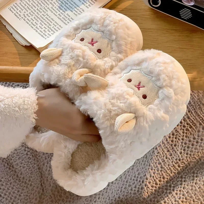Winter Cartoon Plush Slippers Faux Fur Sheep Design Warm Indoor Couple Home Shoes