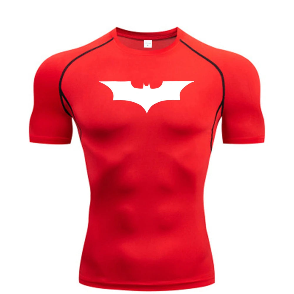 Men Bat Print Compression T Shirt Short Sleeve Gym Running Fitness Tee
