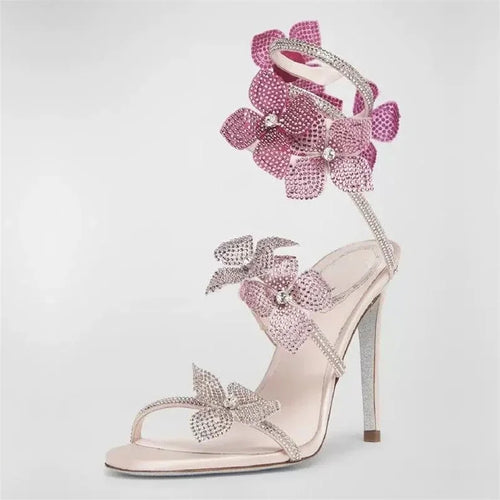 Women Crystal Flower High Heel Sandals Ankle Strap Thin Party Shoes