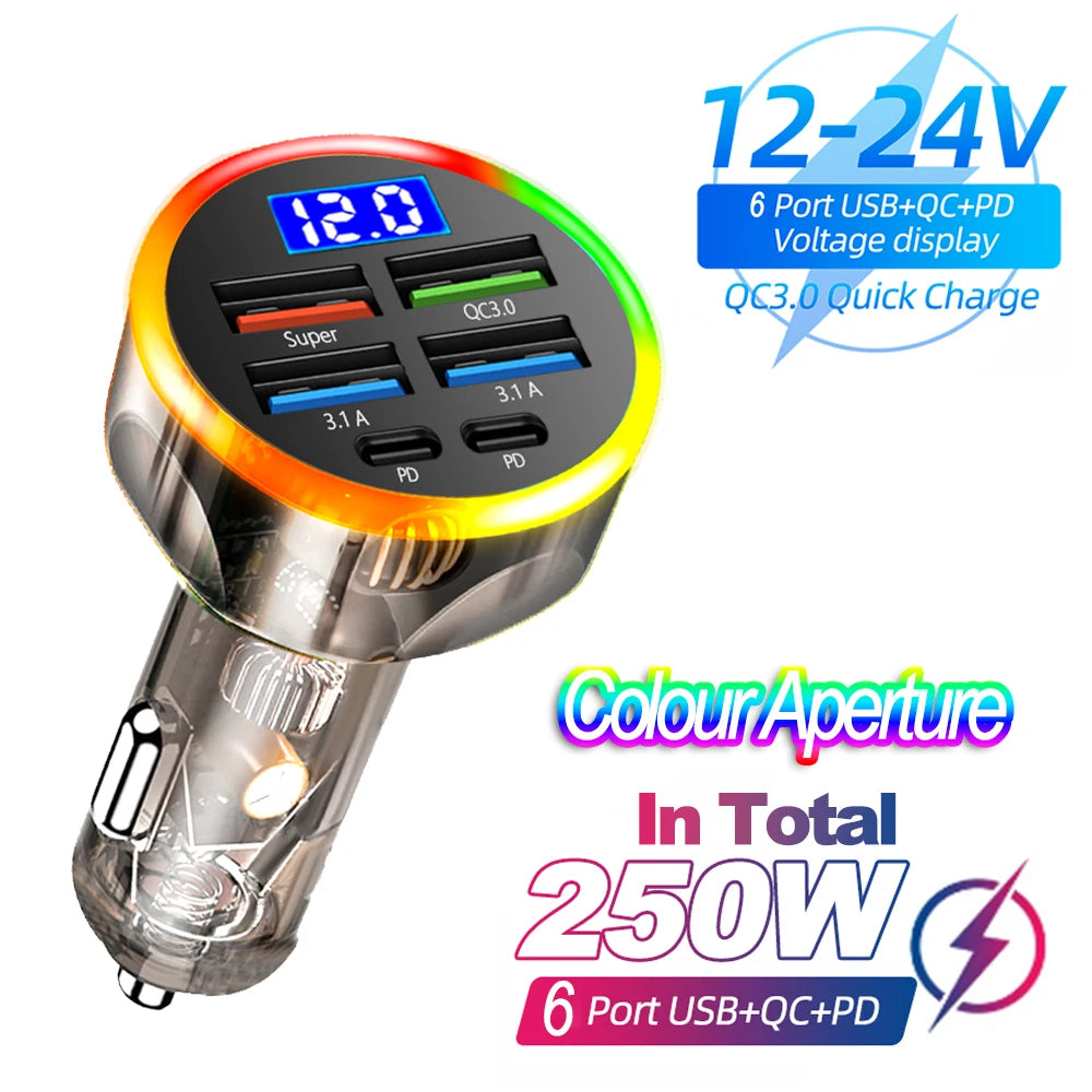 6-Port Fast Car Charger 250W – Multi USB PD & QC3.0 Cigarette Lighter Adapter with LED Display