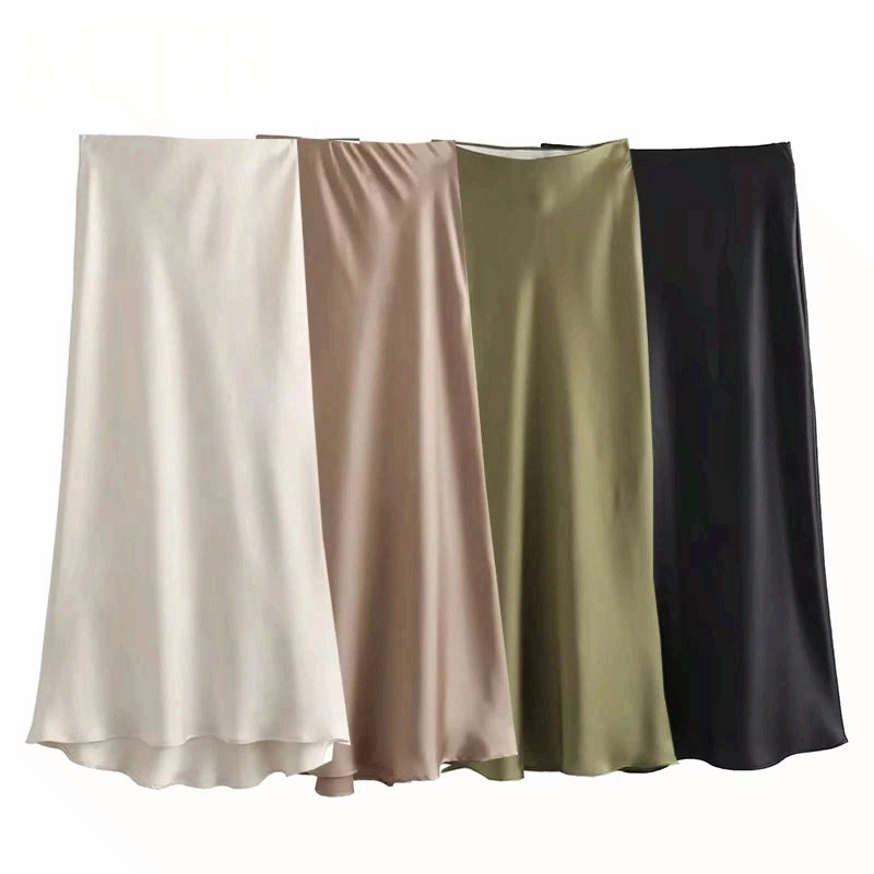 Women High Waist Satin Midi Skirt Elegant Office Summer Skirt