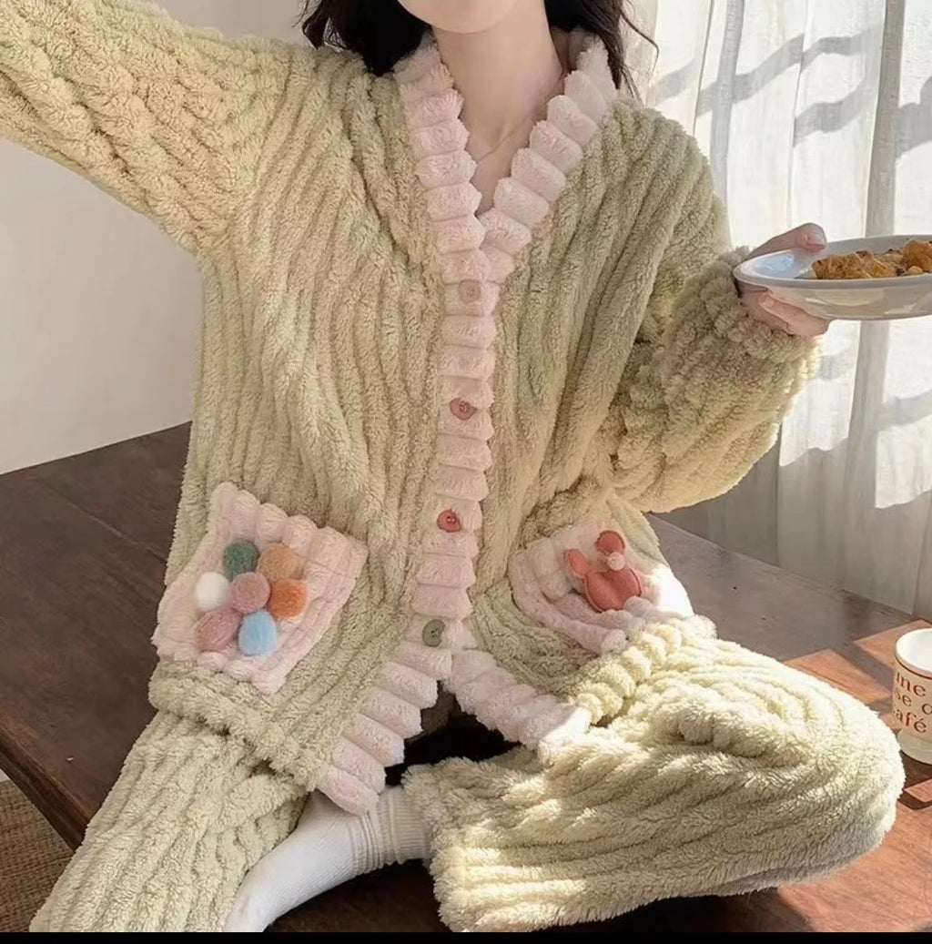Women Flannel Pajama Set Warm Soft Kawaii Homewear Suit