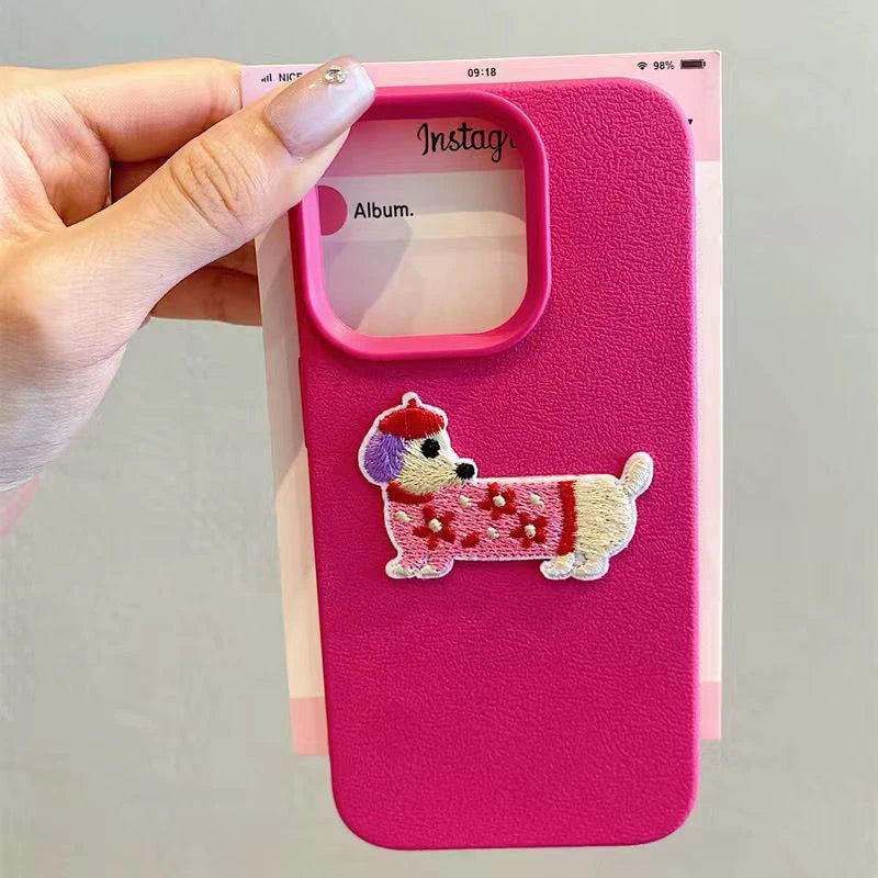 Cute 3D Cartoon Embroidery Puppy Leather Pattern iPhone Case