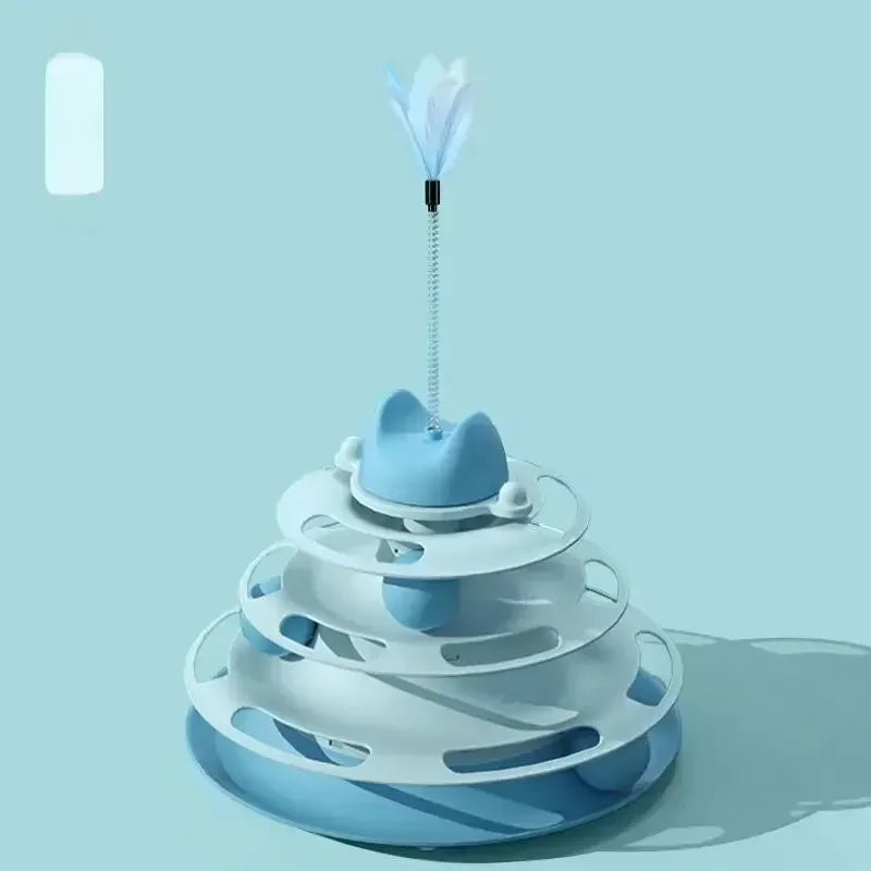 Four Layer Cat Rotating Ball Tower Toy with Feather Stick