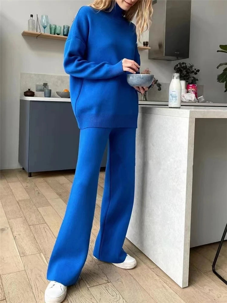 Women Knitted Two Piece Set Turtleneck Sweater and Straight Jogger Pants Winter Tracksuit