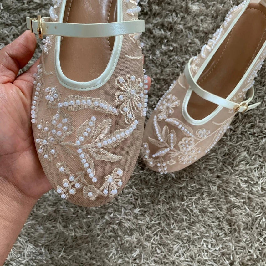 Women Mesh Embroidery Mary Jane Ballet Flats Buckle Breathable Soft Low Heel Shoes