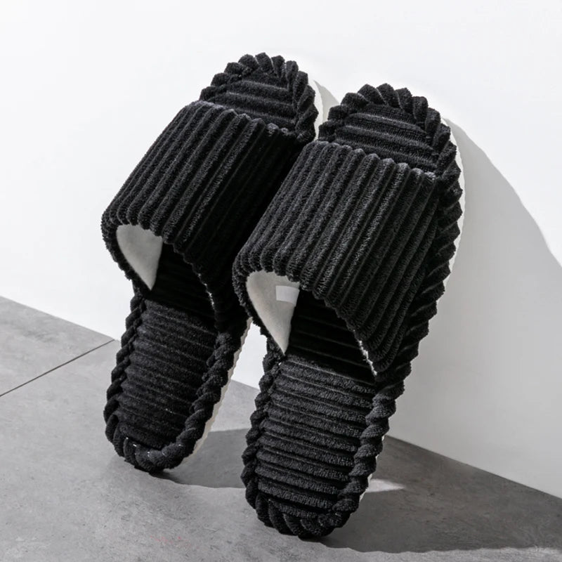 Corduroy Open Toe Slippers Unisex Cozy Indoor Home Slides Soft Anti-Slip Minimalist Shoes