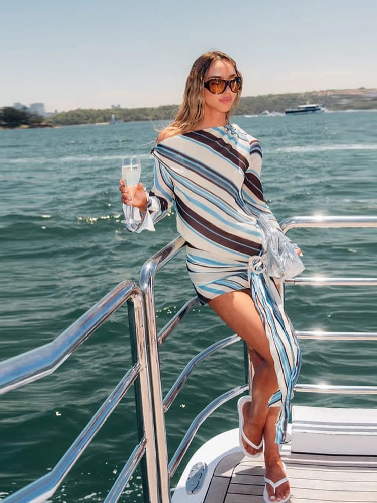 Women Stripe Print Off Shoulder Mini Dress Long Sleeve Beach Vacation Dress