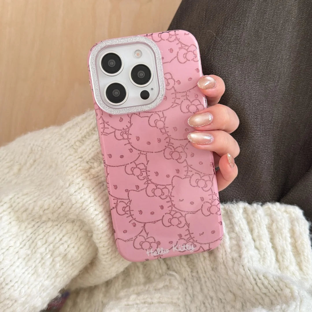Full Screen Pink Lines Hello Kitty Glitter iPhone Case