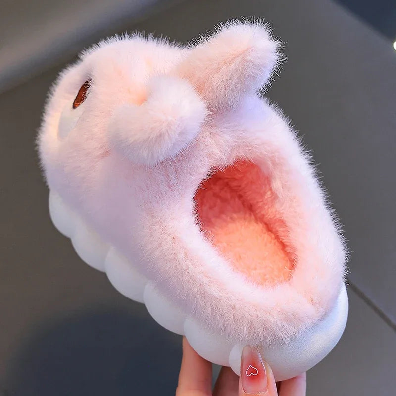 Cute Rabbit Plush Slippers Kids Winter Warm Cartoon Bunny Indoor House Shoes Soft Non-Slip Cozy Slippers
