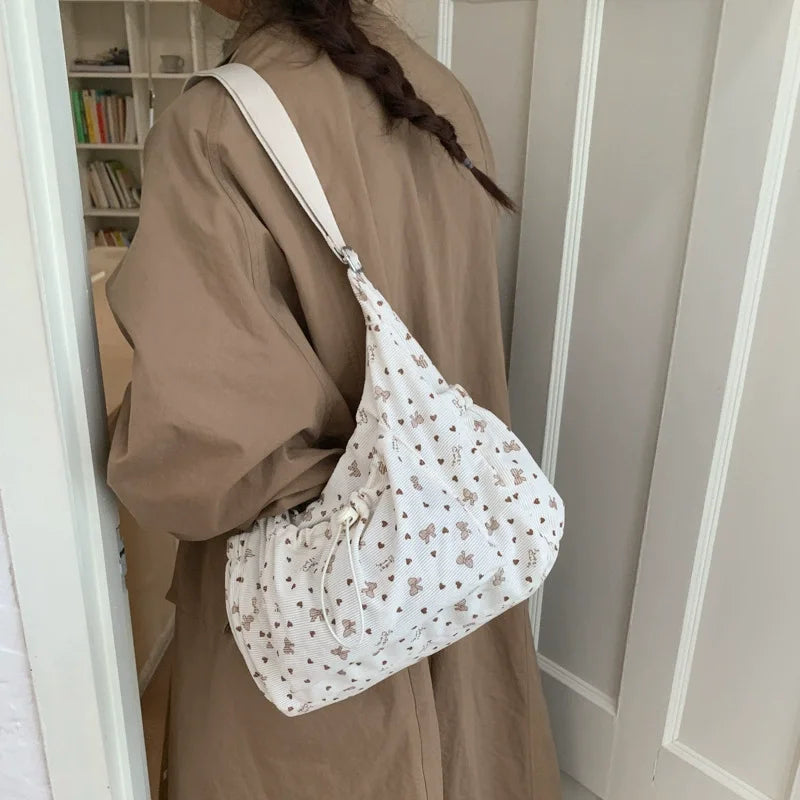 Nylon Shoulder Bag Plaid Tote Crossbody Drawstring Cloud Commuter Bag