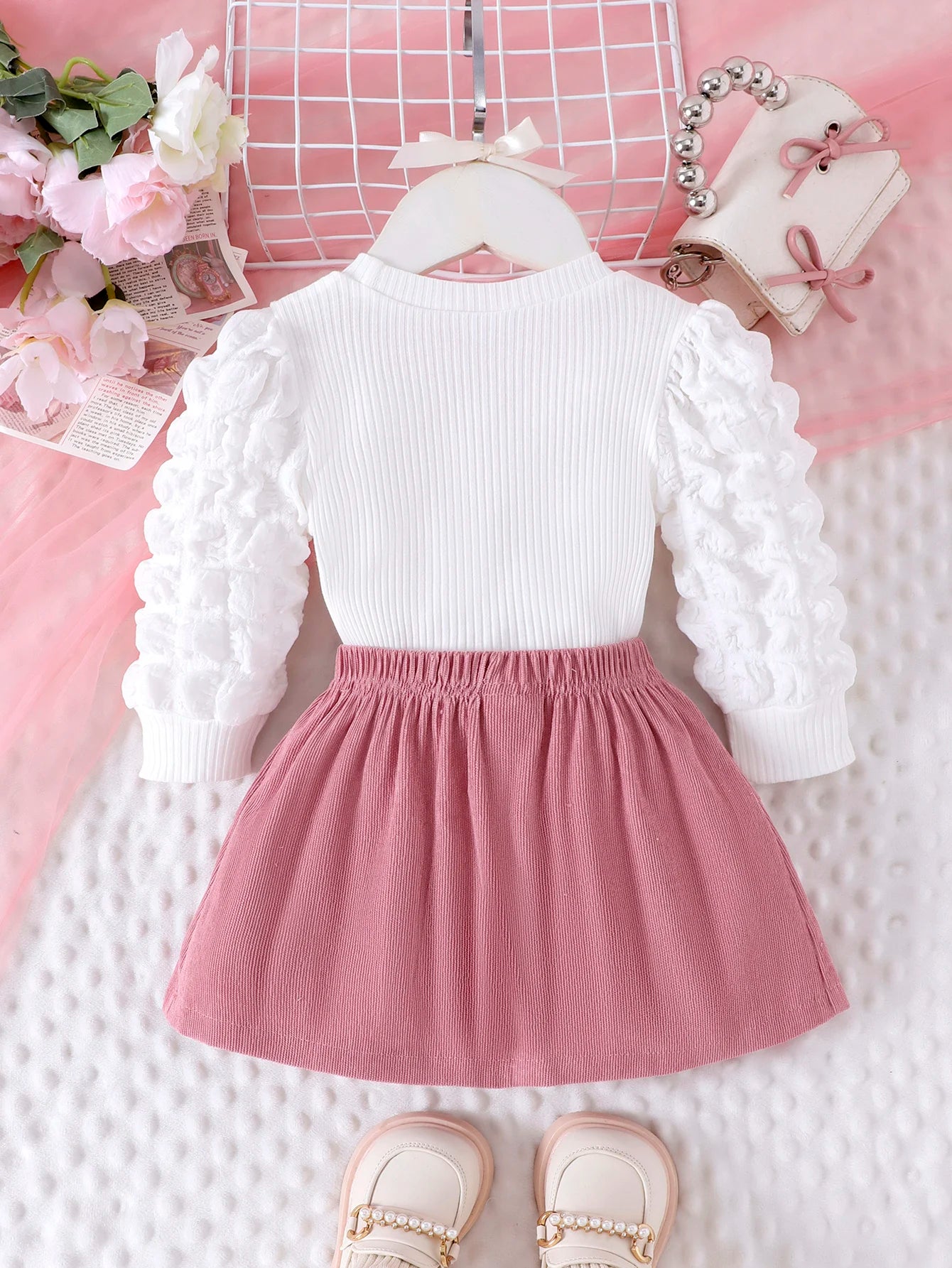 Baby Girl Pink Skirt Set Cute Bubble Sleeve Outfit 2PCS